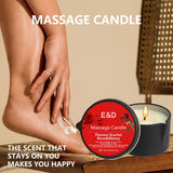 Massage candle with a person applying cream to their leg, featuring E&D Massage Candle packaging.
