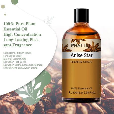 Bottle of Phatou Anise Star essential oil with product details on a white background