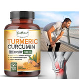 Supplement bottle labeled 'Turmeric Curcumin' with a person holding their knee, indicating joint pain.