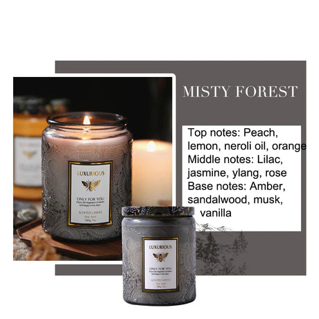 Luxurious candle with 'Misty Forest' description and scent notes on a white background