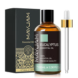 MayJam Eucalyptus essential oil bottle with dropper and packaging on a white background