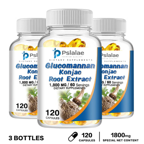 Three bottles of Pslalae Glucomannan Konjac Root Extract on a white background