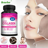 Collagen supplement bottle with a woman's face and product benefits on a white background