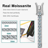 Silver necklace with moissanite stones and diamond size chart on a white background