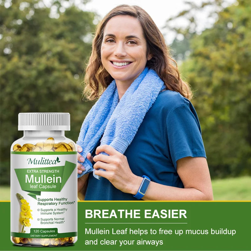 Woman holding a bottle of Mullein leaf capsules with a green background