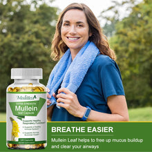 Woman holding a bottle of Mullein leaf capsules with a green background