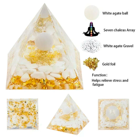 Crystal pyramid with white agate ball, gravel, and gold foil, labeled with components and functions.