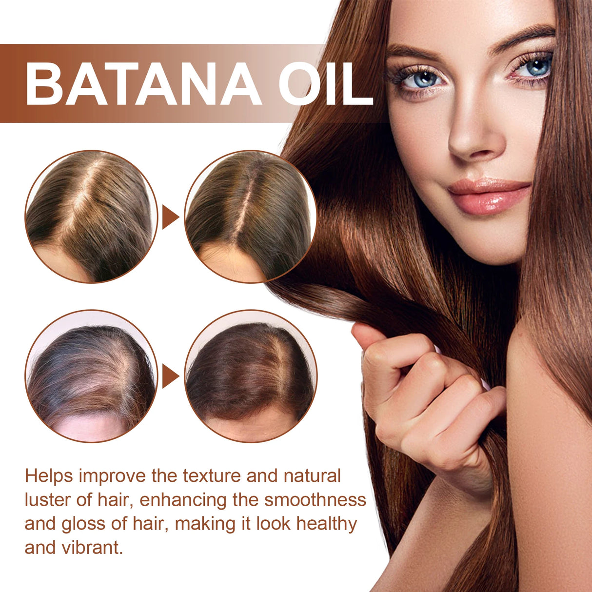 Woman with long brown hair and Batana Oil product description on a beige background