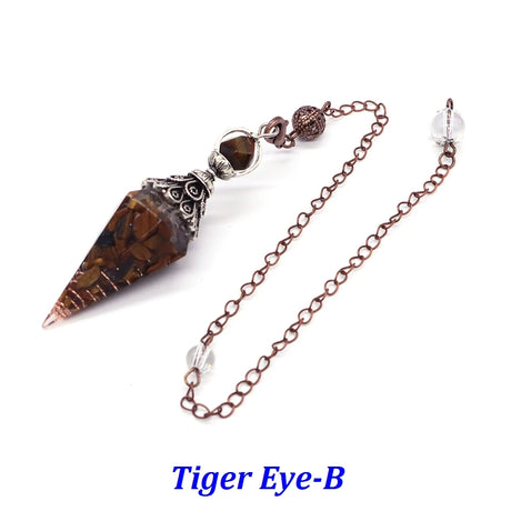 Tiger eye crystal pendulum on a chain with 'Tiger Eye-B' text.