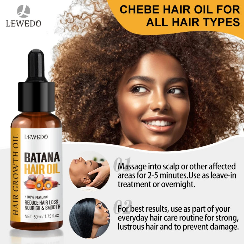LEWEDO Batana Hair Oil with a woman using the product and text about hair care.