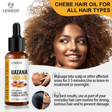 LEWEDO Batana Hair Oil with a woman using the product and text about hair care.