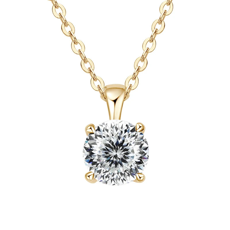 Gold necklace with a round diamond pendant on a white background