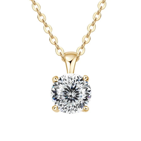 Gold necklace with a round diamond pendant on a white background
