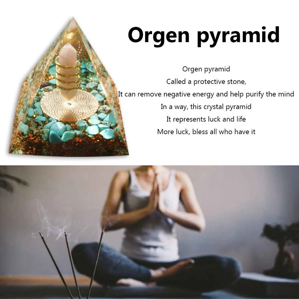 Orgen pyramid crystal with text about its properties and a person meditating below.