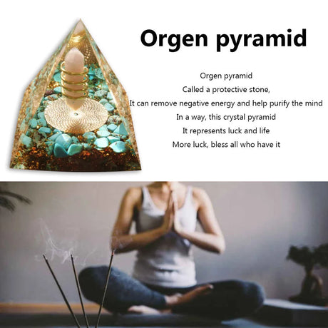 Orgen pyramid crystal with text about its properties and a person meditating below.