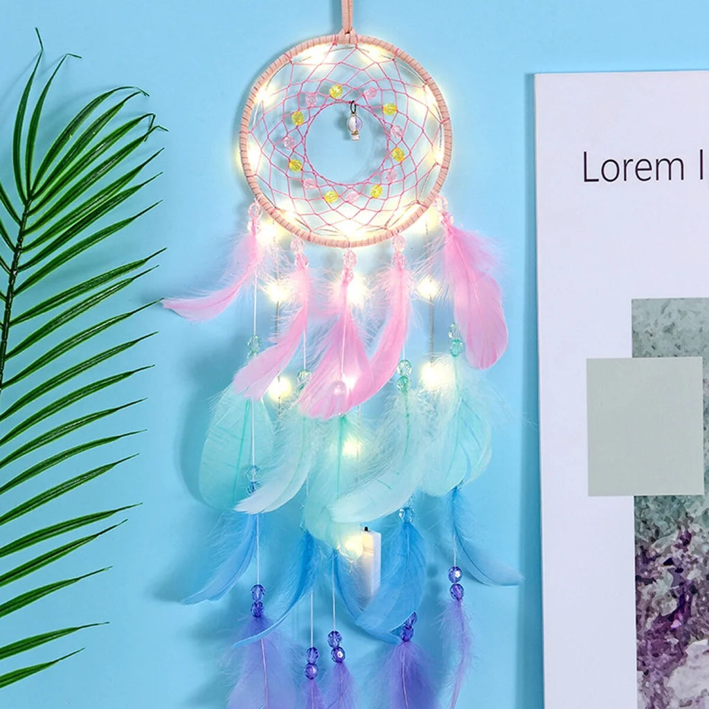 Decorative dreamcatcher with lights on a blue background