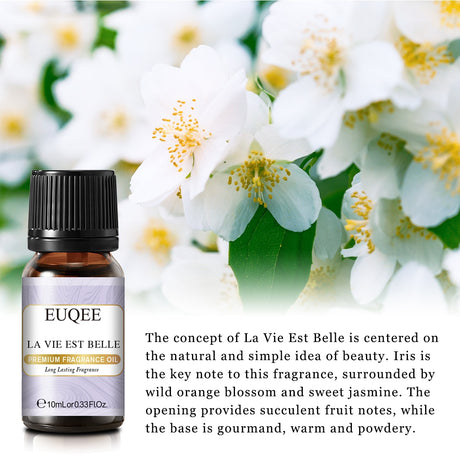 EUQEE fragrance oil bottle with white flowers in the background