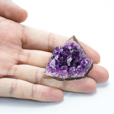 Amethyst crystal held in a hand against a white background