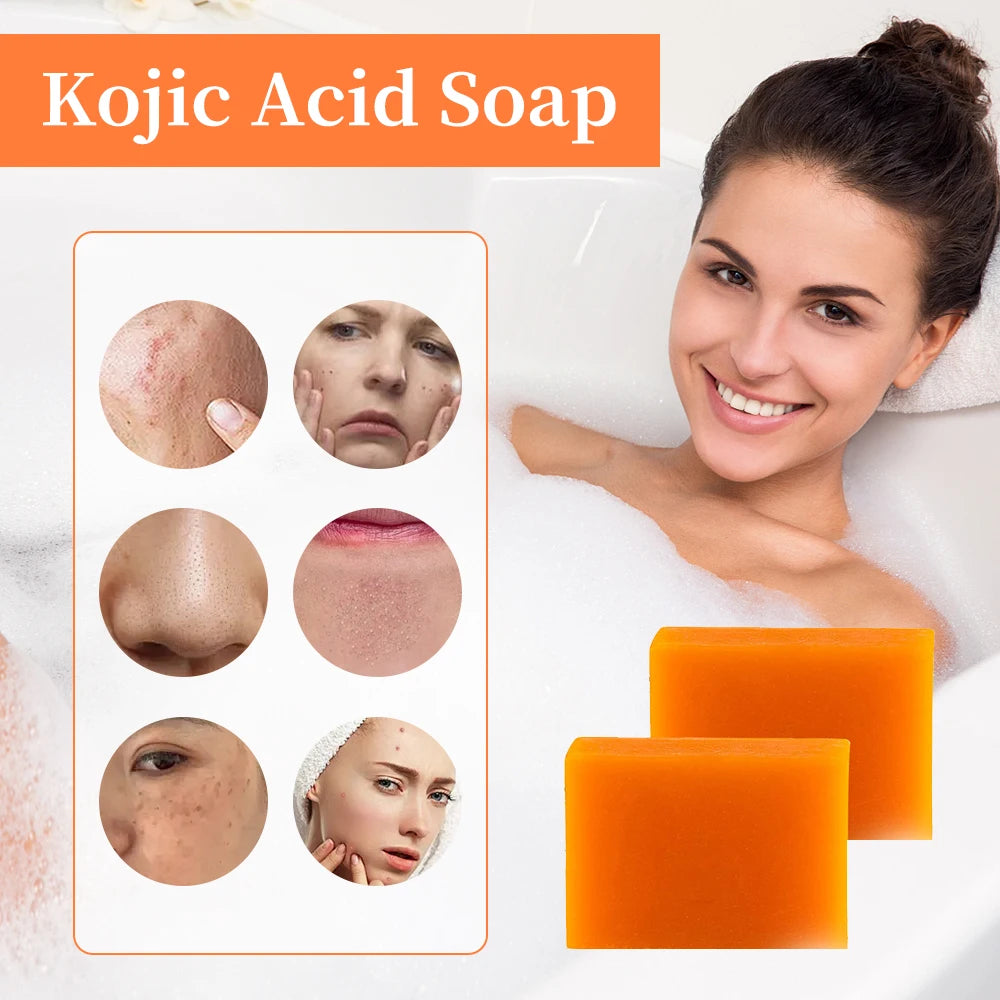 Kojic Acid Soap with before-and-after skin condition images and a woman in a bathtub.