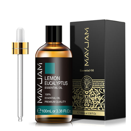 MayJam Lemon Eucalyptus essential oil bottle with dropper and packaging on a white background