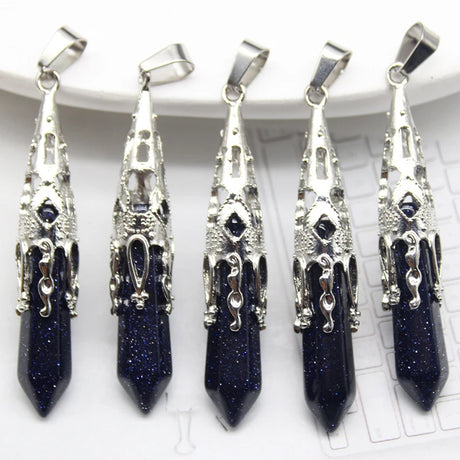 Five silver and blue stone pendants on a white background
