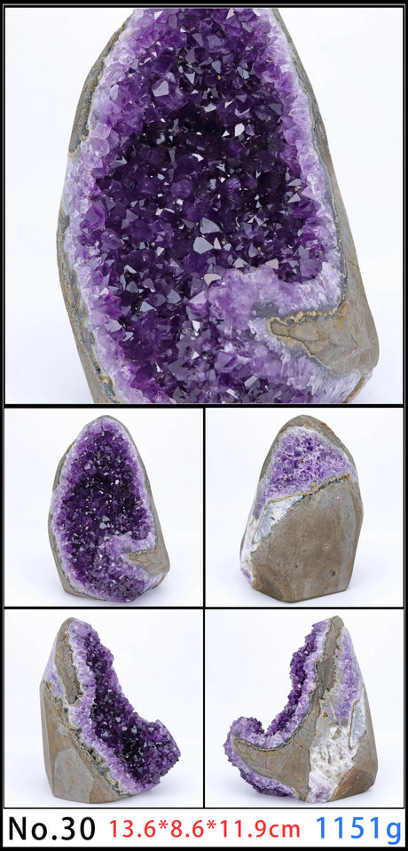 Amethyst geode with multiple views on a white background