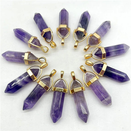 Purple crystal pendants with gold accents arranged in a circular pattern on a white background