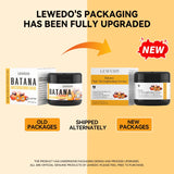 Comparison of Lewedo Batana hair strengthening products in old and new packaging on a beige and orange background.