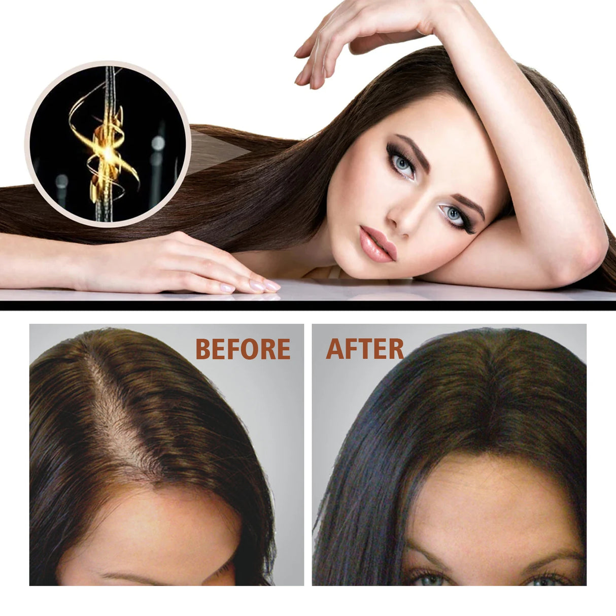 Before and after comparison of hair treatment on a woman with close-up details.