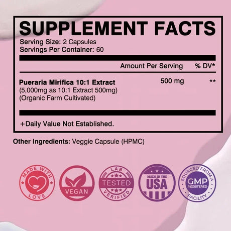 Supplement facts label with pink background and various certification logos.