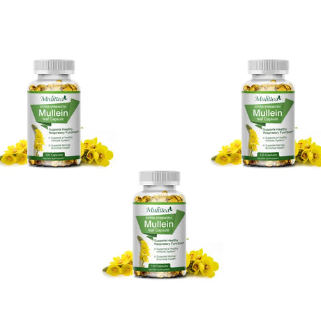 Three bottles of Mullein herbal capsules with yellow flowers on a white background