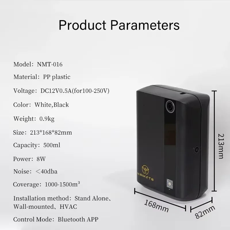 Product parameters of a black air purifier with dimensions and specifications listed.