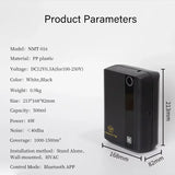 Product parameters of a black air purifier with dimensions and specifications listed.