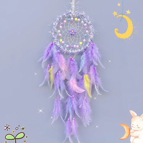 Decorative dreamcatcher with feathers on a light purple background