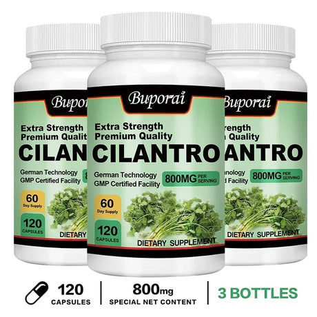 Three bottles of Buporai Cilan Cilantro dietary supplements on a white background