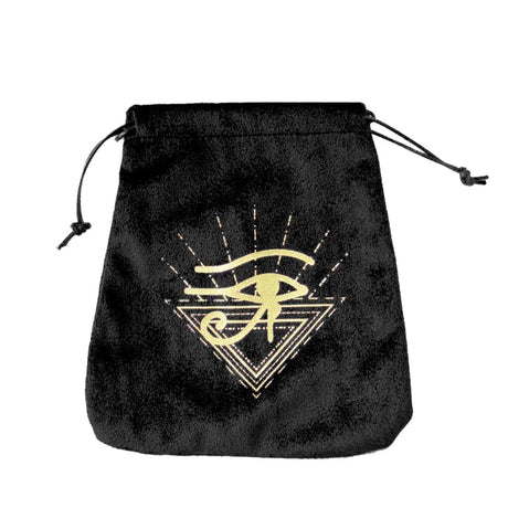 Black drawstring bag with gold eye symbol on a white background