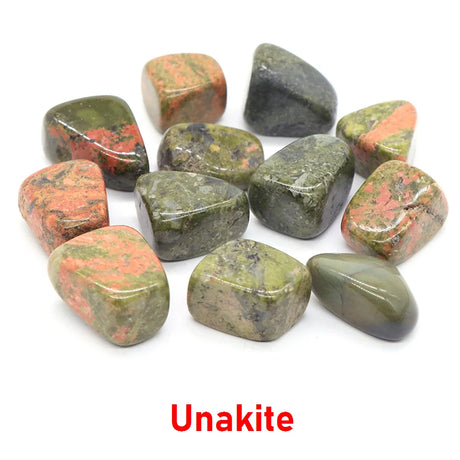 Unakite stones on a white background with 'Unakite' text.
