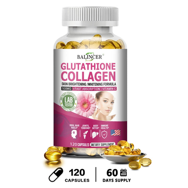 Supplement bottle labeled 'Glutathione Collagen' with capsules on a white background