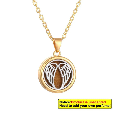 Gold necklace with a pendant featuring angel wings on a white background