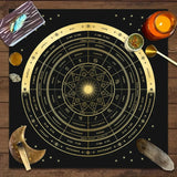 Astrological chart with celestial symbols on a wooden surface with candles and crystals.