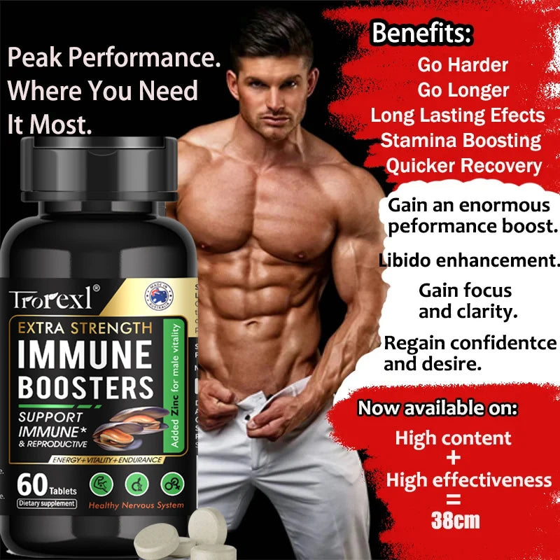 Supplement bottle with a muscular man and promotional text on a black and red background