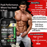 Supplement bottle with a muscular man and promotional text on a black and red background