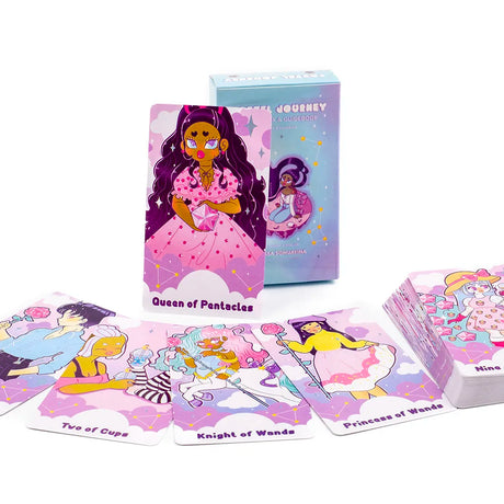 Set of tarot cards with colorful illustrations and a card box on a white background