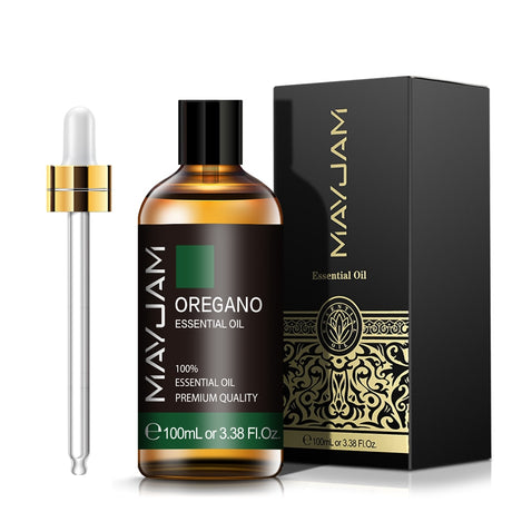 Mayuam Oregano essential oil bottle with dropper and packaging on a white background