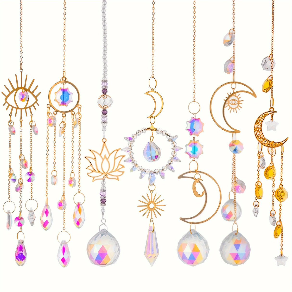 Set of colorful crystal hanging decorations with various shapes and designs on a white background.