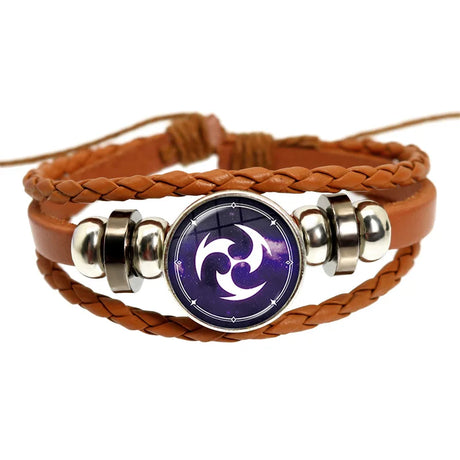 Brown braided leather bracelet with a purple circular design featuring a white symbol on a white background.