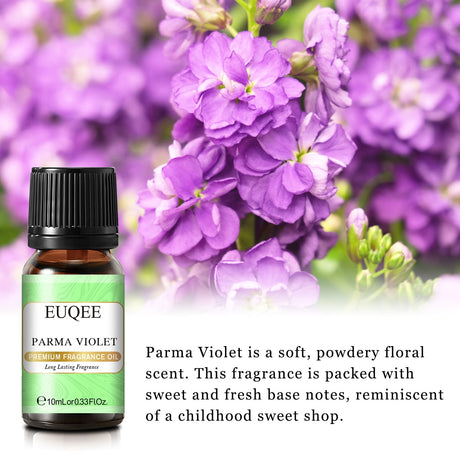 EUQEE Parma Violet fragrance oil bottle with purple flowers in the background