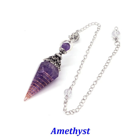 Amethyst crystal pendulum on a white background with 'Amethyst' text.