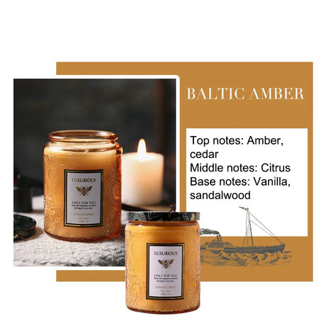 Luxurious Baltic Amber candle with detailed label and description on a white background