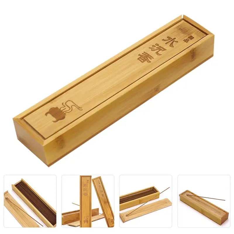 Bamboo incense box with incense sticks on a white background